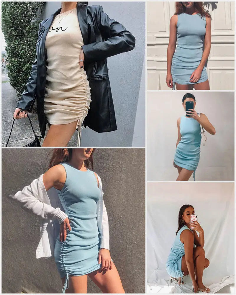Ingvn - Cotton Ruched Drawstring Sexy Party Dress Women Sleeveless Elastic Mini Dress Vintage Summer Bodycon Club Wear Vestidos