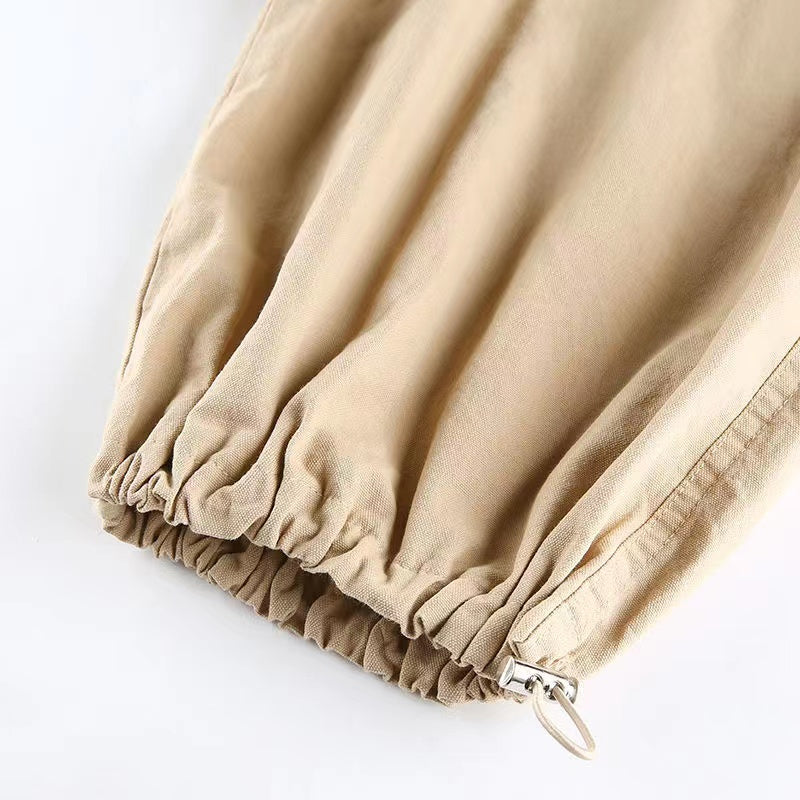 Khaki Oversized Cargo Baggy Pants Y2K Hip Hop Style Loosed  Adjustable Waist Drawstring Long Pant Streetwear 90s Style Clothes