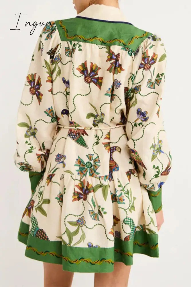 Ingvn - Casual Floral Patchwork Turndown Collar Printed Dress Dresses