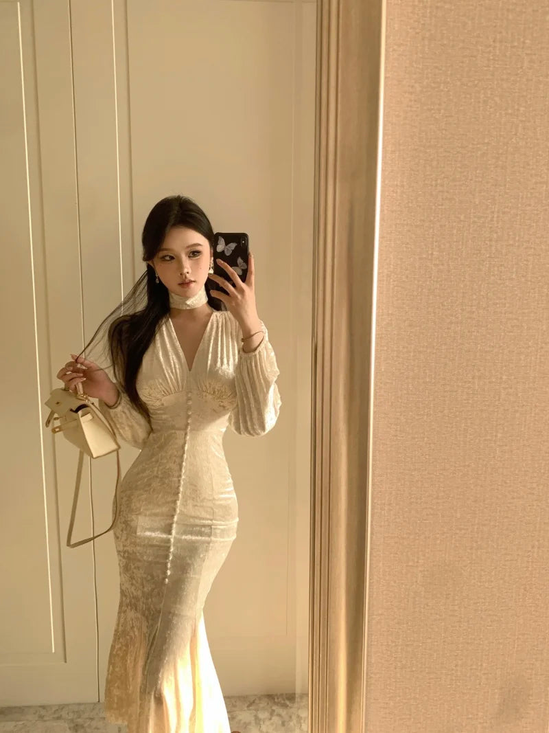 Elegant Chic Single Breasted Velvet Midi Dresses for Women Spring Autumn Vintage Evening Party Slim Mermaid Female Clothing Robe