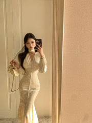 Elegant Chic Single Breasted Velvet Midi Dresses for Women Spring Autumn Vintage Evening Party Slim Mermaid Female Clothing Robe