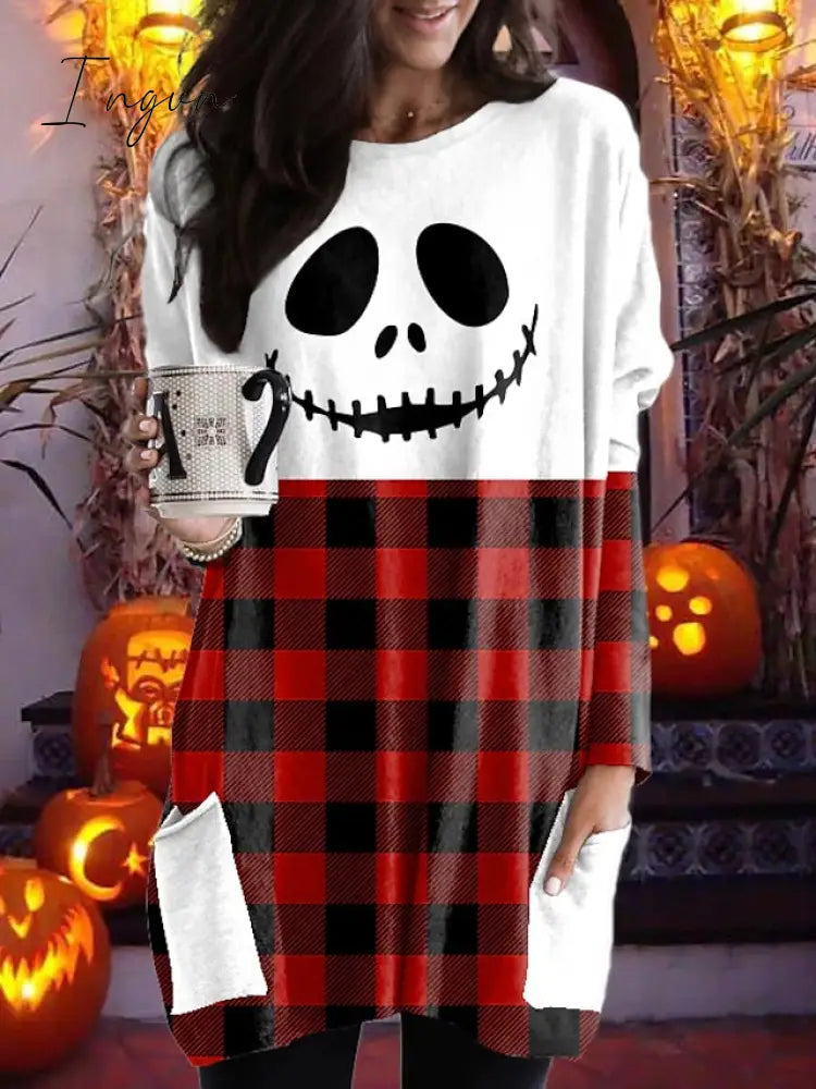 Ingvn - Women's Tunic Shirts Tunic Black White Wine Plaid Color Block Pocket Print Long Sleeve Halloween Weekend Round Neck Long Abstract Painting S