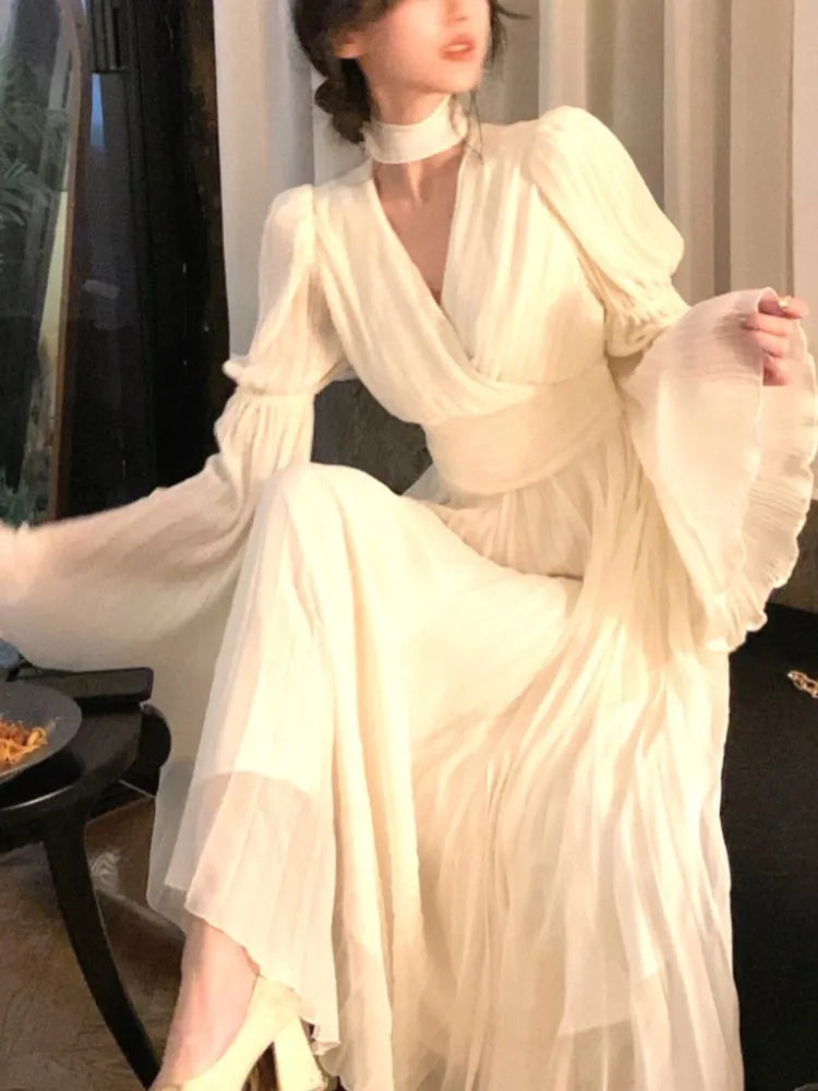 Women's French Ruffle Irregular Long Dresses Elegant Fashion Fairy Pleated Party Evening One Piece Dress Korean Female Clothings