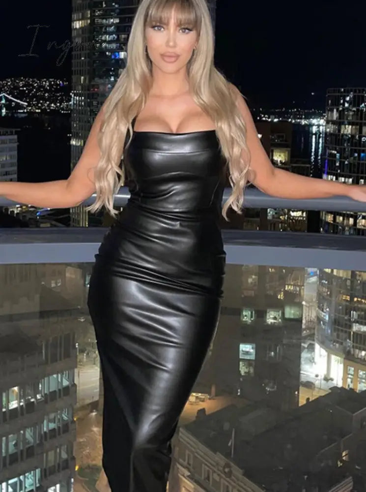 Ingvn - Sleeveless Leather Bodycon Midi Dress Women Summer Sexy Fashion Clothes Elegant Party Evening Nightclub Slim Long Dresses