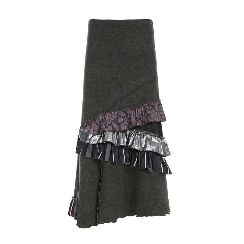 Dark Gothic Style Heavy Industry Contrast Lace Stitching Irregular Skirt Personality Hot Girl Niche Design Long Skirt