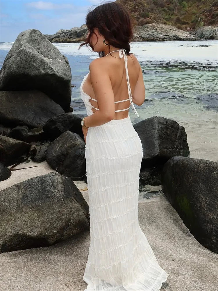 Spring Fashion Patchwork Long Dress For Women Lace-Up Backless High Waist Solid Holiday Beach Dress Ladies Maxi Dress