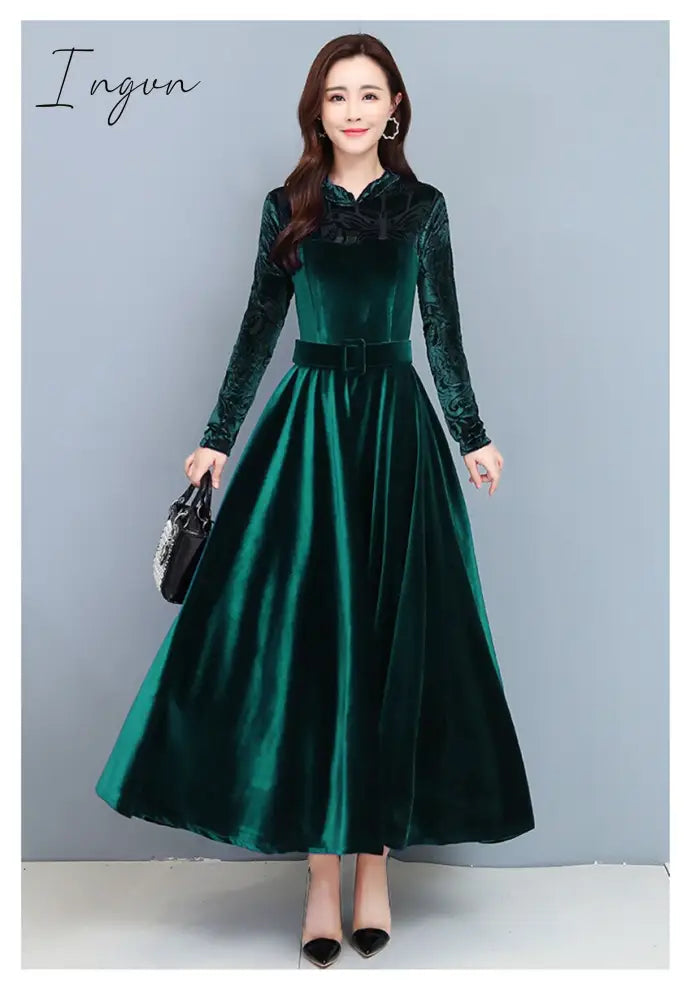 Ingvn - High Quality Fashion Vintage Velvet Dress Winter Dresses Women Long Sleeve Evening Party Dress For Middle Age Mom Vestidos