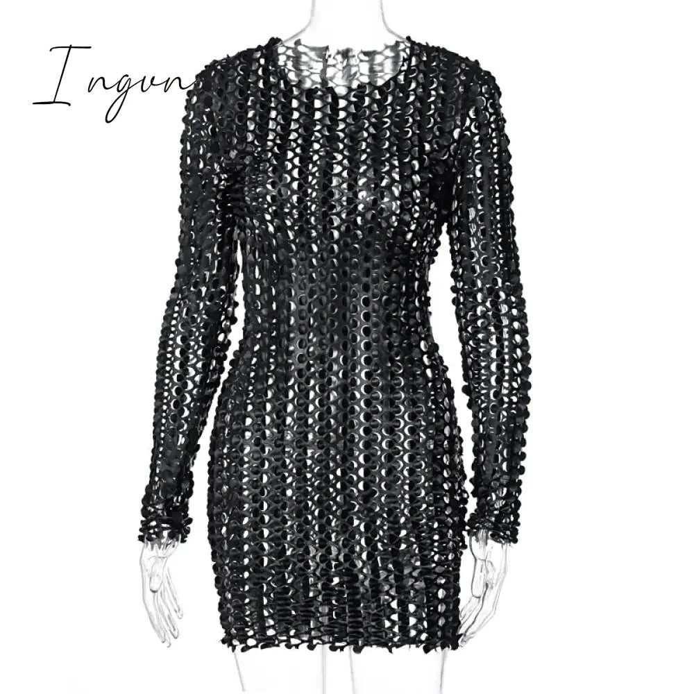 Ingvn - Long Sleeve Cut Out Solid Skinny Sexy Mini Dress Autumn Winter Women Fashion Party Club Elegant Outfits