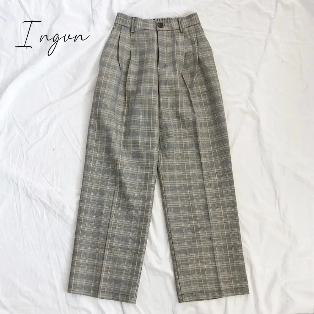Ingvn - Spring Women Pants Plaid High Waist Dropping Feeling High Waist Wide Leg Long Suit  Pants