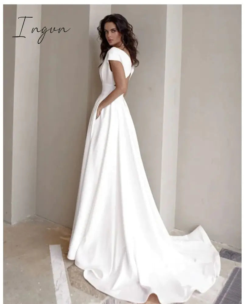 Ingvn - High Quality Elegant Casual Women's Dresses Sexy V-neck Side Slit Backless White Long Skirt Wedding Banquet Bridesmaid Dress Evening Gown