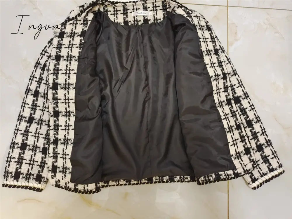 Ingvn - Spring Korean small fragrance jacket women's short winter and autumn French ladies all-match houndstooth woven tweed coat jackets