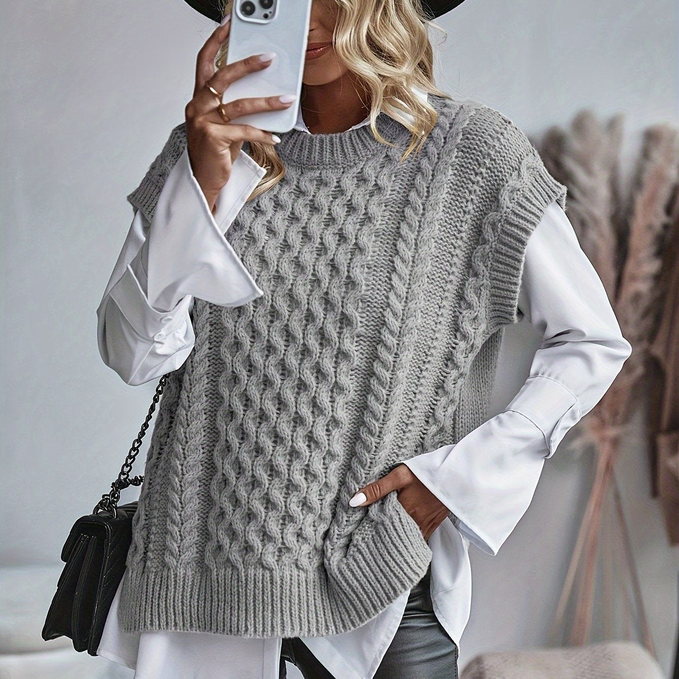 Plus Size Twist Textured Sweater Vest - Casual, Side Split, Crew Neck, Knitted, Soft, Cozy, and Chic Women's Clothing for Everyday Wear