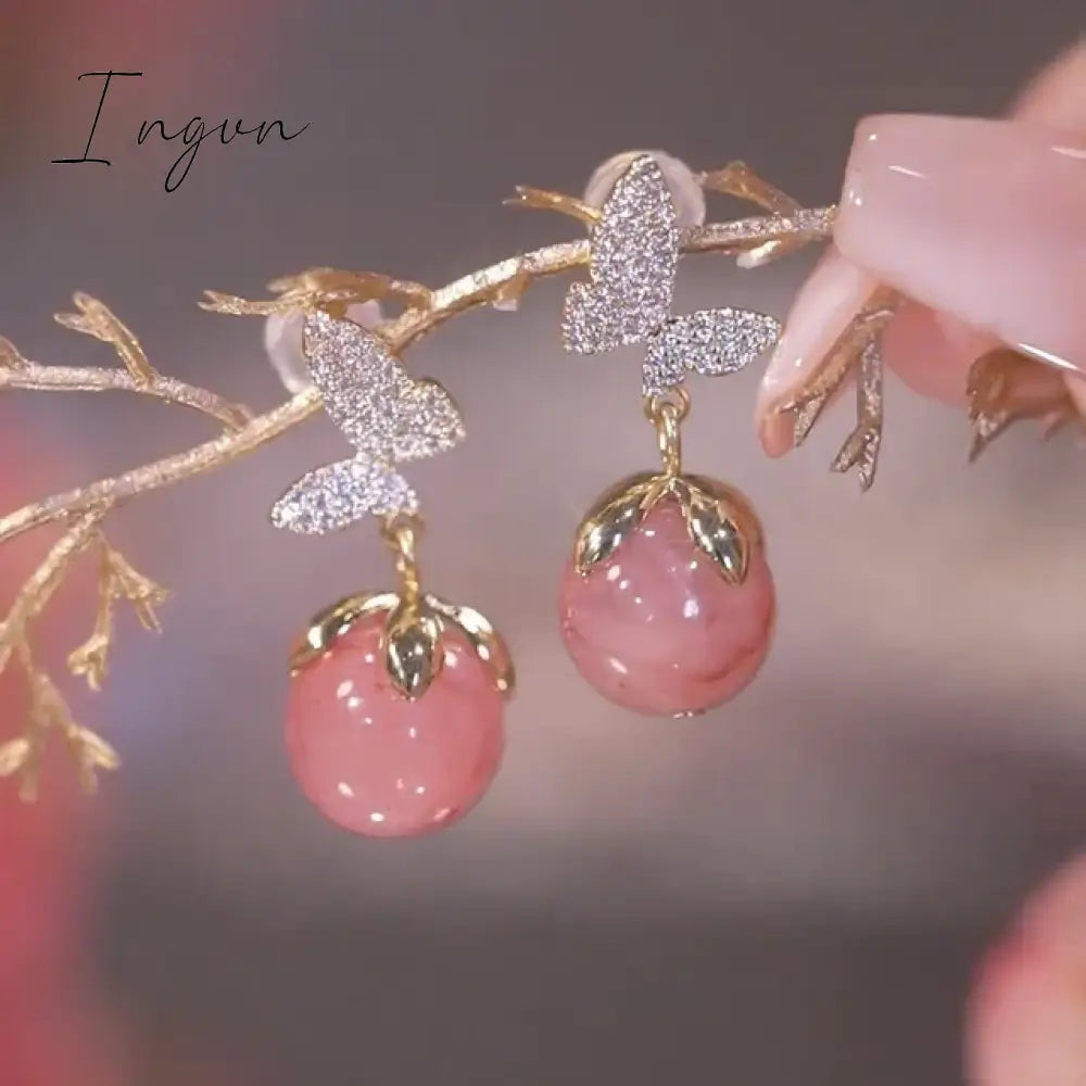French Light Luxury Pink Tulip Flower Pearl Stud Earrings For Women Korean Zircon Exquisite Earring Party Christmas Jewelry Gift