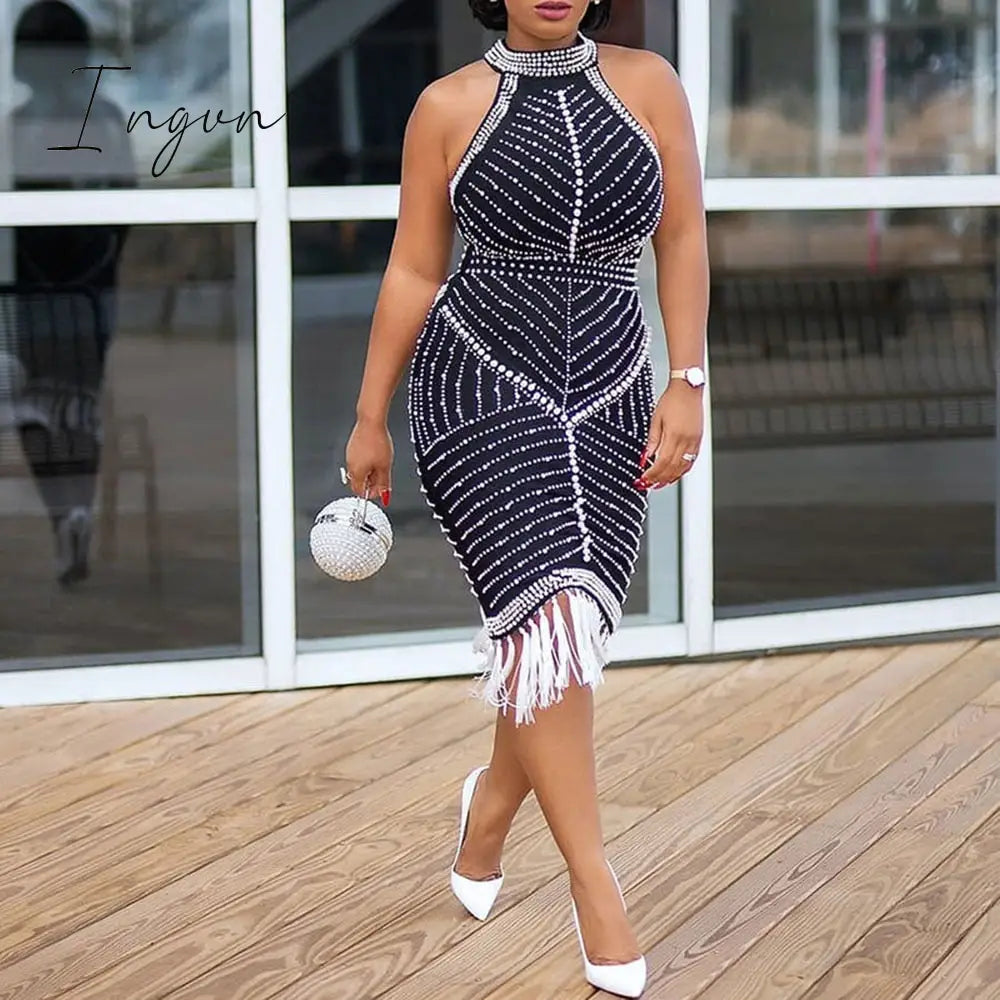 Ingvn - Beading White Plus Size Bodycon Dress 5xl Sexy Party Dinner Club Midi Dresses Elegant Split Female Evening Vestidos Summer