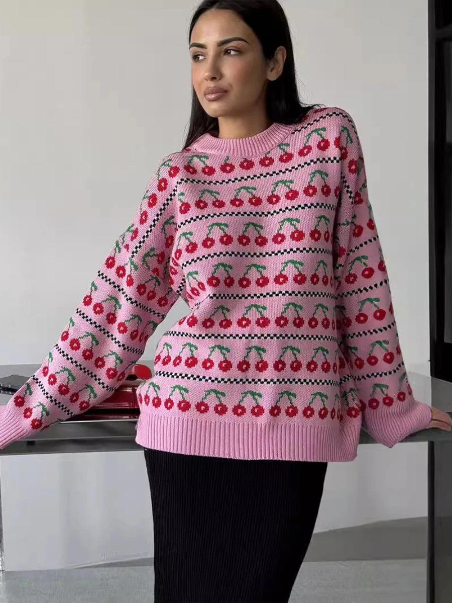Ingvn  Women's Round Neck Cherry Printed Sweater Autumn Winter New Mid Length Fashion Top Retro Knitted Sweater Pullover