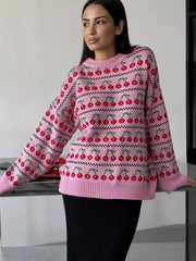 Ingvn  Women's Round Neck Cherry Printed Sweater Autumn Winter New Mid Length Fashion Top Retro Knitted Sweater Pullover
