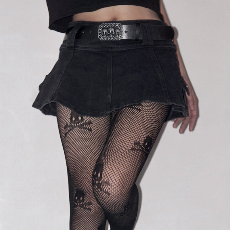 Harajuku Y2k Denim Skirt Women Dark Gothic Streetwear Mini Skirt with Skull Belt Mall Goth Punk Grunge Sexy Emo Clubwear