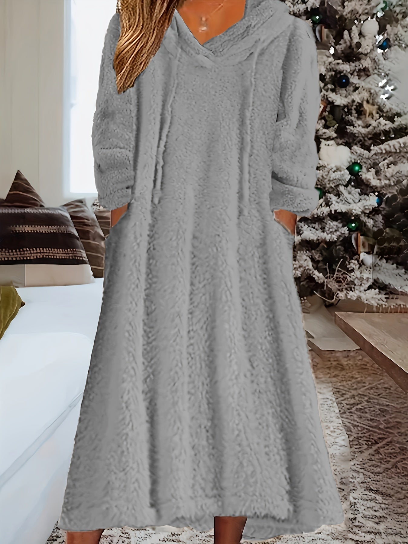 Cozy Plus Size Hooded Fleece Dress with Pockets - Long Sleeve, Drawstring Comfort for Everyday Wear