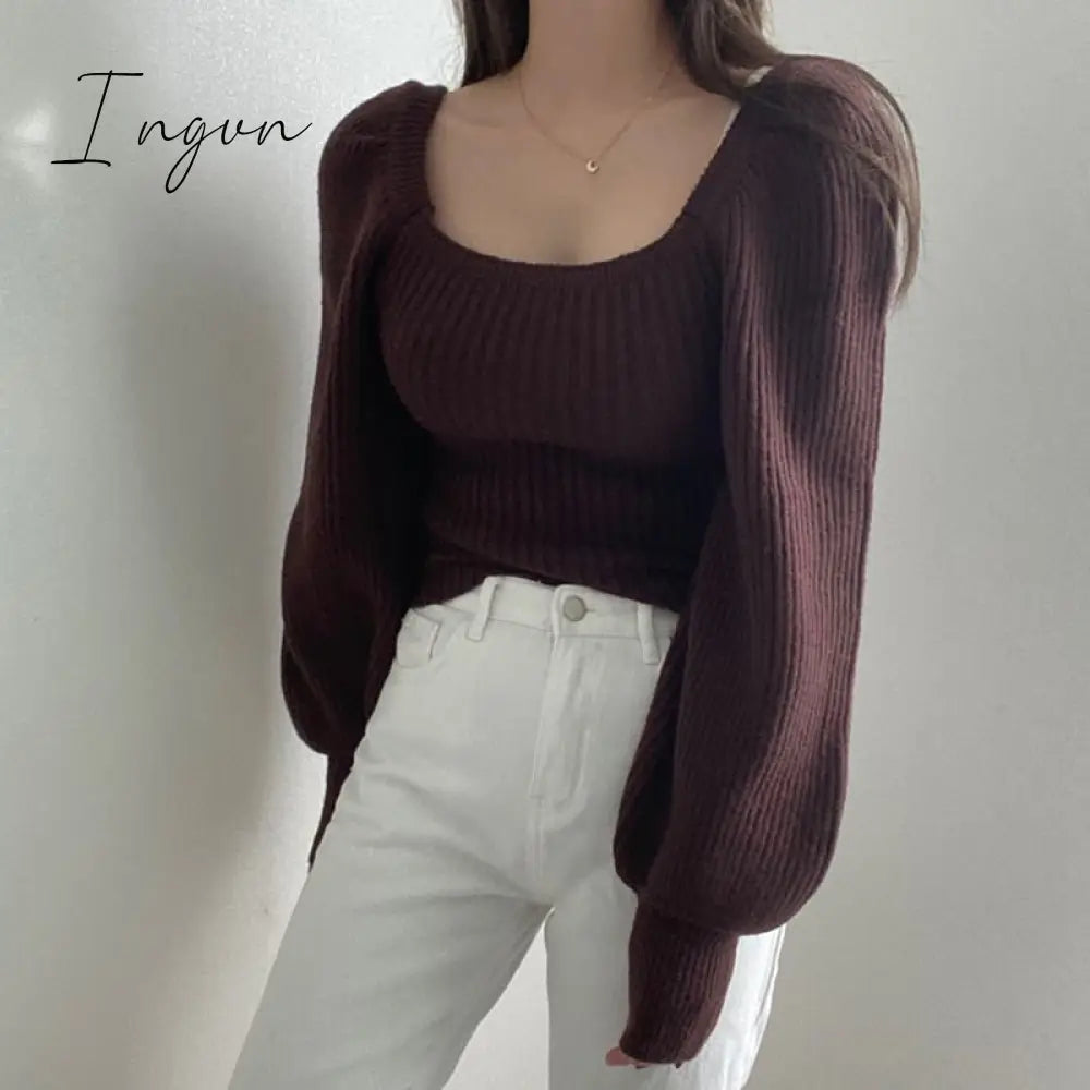 Ingvn - Knitted Women's Sweater Vintage Pullover Long Puff Sleeve Pink Square Neck Top Korean Fashion Style Autumn Winter Clothing