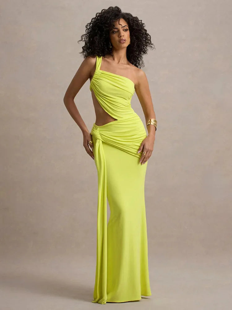 Irregular Ruched Sexy Maxi Dress For Women Gown Hollow Out One Shoulder Sleevelessdraped Bodycon Club Party Long Dress