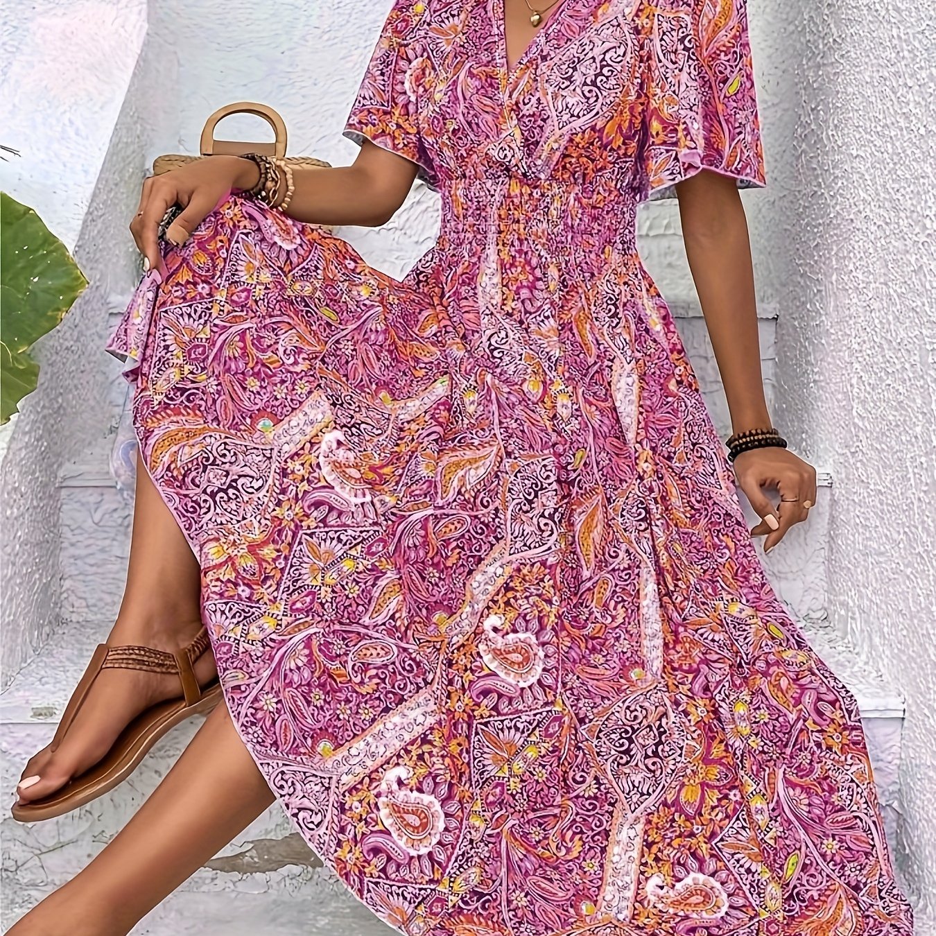 Plus Size Ethnic Floral Print Shirred Waist Dress, Casual Short Sleeve Dress For Spring & Summer, Women's Plus Size Clothing