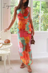 Ingvn - Sexy Floral Print Lace Up Backless Strap Design V Neck One Step Skirt Dresses