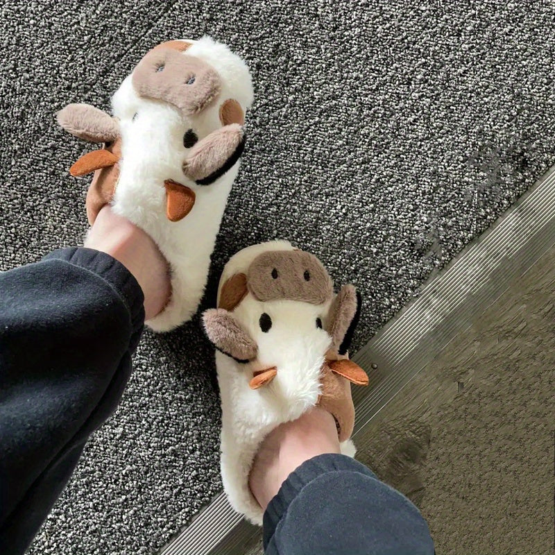 Womens Cartoon Cow Slippers - Plush Warm Lining, Closed Toe Fuzzy Slides, Ultimate Indoor Comfort for Cozy Days