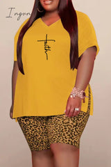 Ingvn - Yellow Casual Print Slit V Neck Plus Size Two Pieces