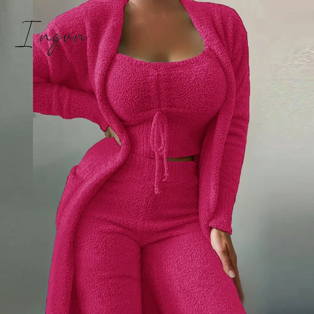 Ingvn - Women Elegant Fleece Soft 3 Piece Suit Fashion Square Collar Drawstring Tops+Long Cardigan Outfits Casual Pajamas Solid Set