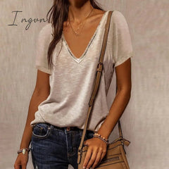 Ingvn - Summer Shirts For Women Fashion V Neck Patchwork Loose T Shirt Female Short Sleeve Top Ladies Tee Plus Size Shirt Pullover