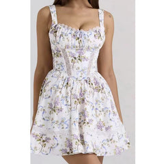 Floral Print Tank Mini Dress Women Lace Spliced O Neck Sleeveless A-line Holiday Casual Summer Dresses Party Robe