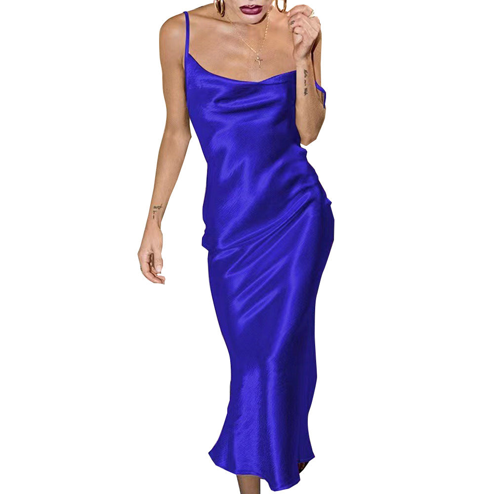 Pphmm dress to impress outfits Strap Satin Leaky Quilt Lace-up Sexy Fishtail Dress Nightdress Nightclub Style Evening Dress