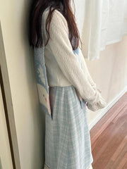 Autumn Winter Y2k Skirts Blue Plaid Woolen Vintage Plaid Lace Splicing Skirt High Waist Slimming A Word Long Skirt