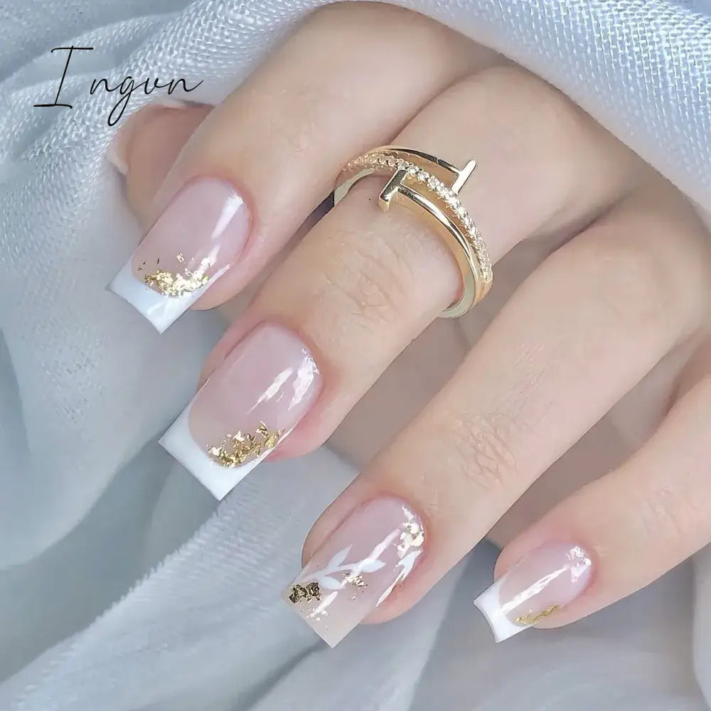 24pcs Mid-length Simple Smudged False Nails Wearable French Ballerina Fake Nails Full Cover Nail Tips Set Press On Nails