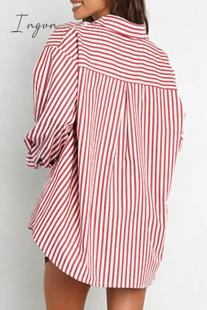 Ingvn - Casual Daily Striped Frenulum Turndown Collar Long Sleeve Two Pieces