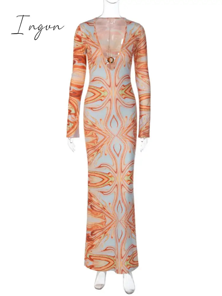 Ingvn - V Neck Print Maxi Dress Women Autumn New Long Sleeve Bodycon Long Dresses Fashion Sexy Printed Dress Elegant Clubwear