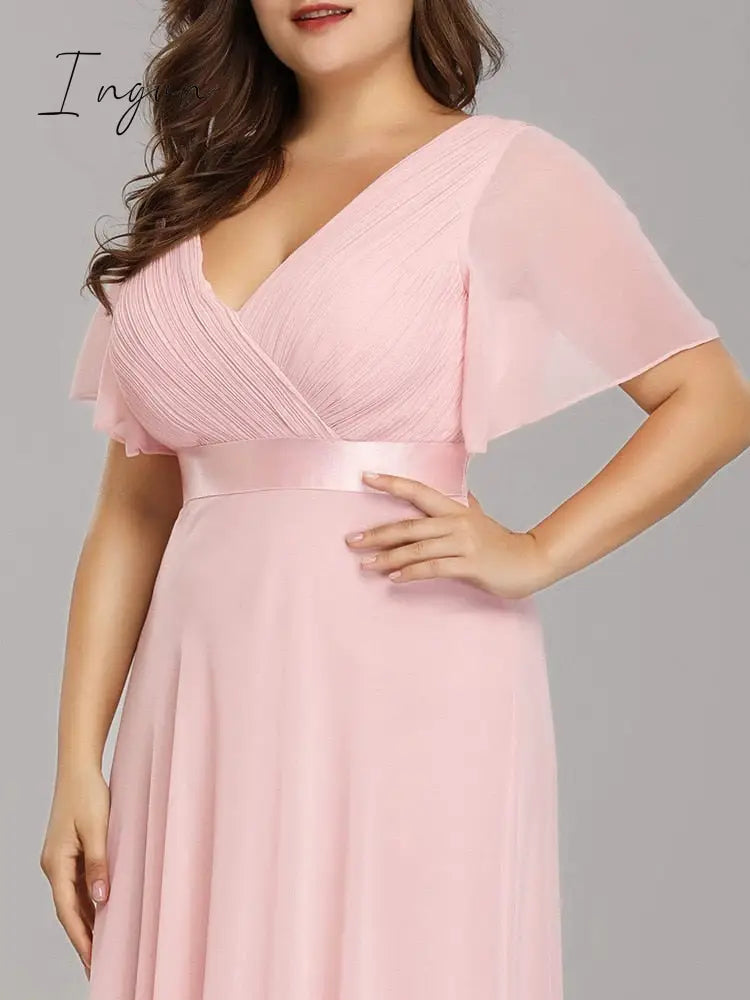 Ingvn - Summer Outfits New Women Plus Size Evening Dresses Long Elegant A Line V Neck Ruffles Chiffon Formal Wedding Party Dress Robe De Soiree