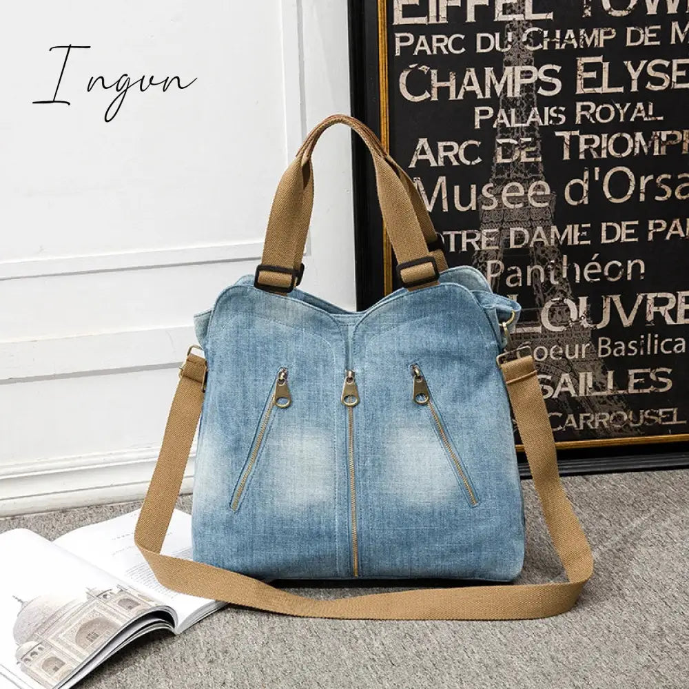 Ingvn - Women Large Capacity Tote Bag Quality Denim Handbag Luxury Ladies Shoulder Bag Light Blue bolso mujer 2024 Purse