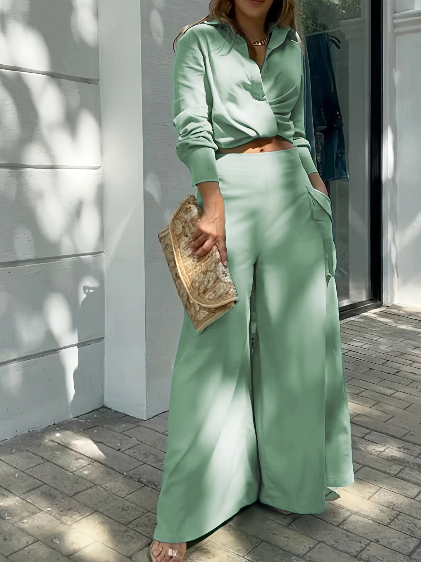 Two-piece Set, Long Sleeve Casual Matching Women's Clothing, Wide Leg Pants Outfits Blouse