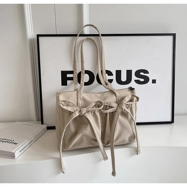 Ingvn  Japanese Ins Style Shoulder Bag For Commuter Lightful Zipper Nylon Tote Bag Female Casual Large Capacity Bow Bag