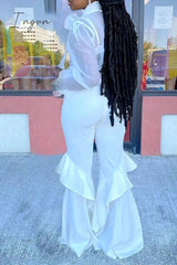 Ingvn - Casual Solid Frenulum See-through With Bow Long Sleeve Two Pieces