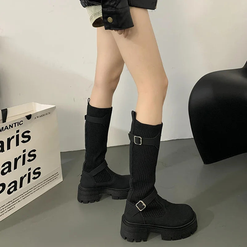 Ingvn  Street Style Knee-High Women Boots Fashion Platform Square Heels Shoes Female Knight Long Booties Zapatos De Mujer
