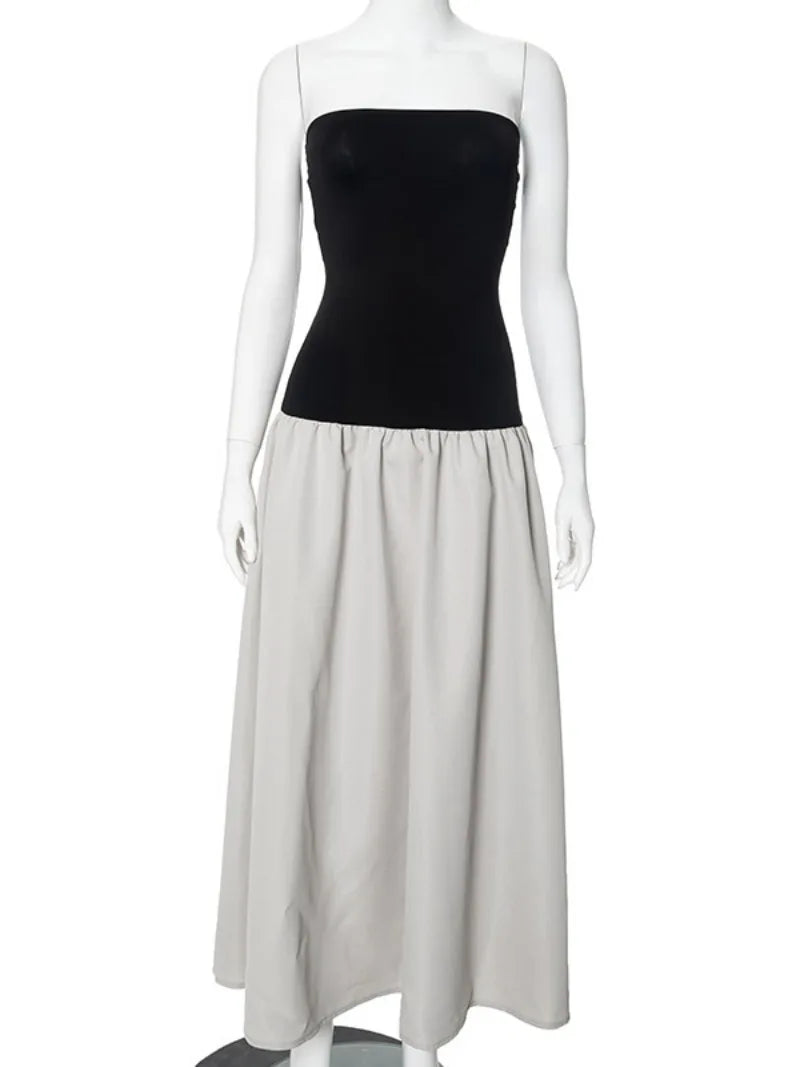 Ingvn  Woman Clothing Vintage Strapless Print Patchwork A-line Holiday Dress Female Sexy Sleeveless Black Long Party Evening Dresses