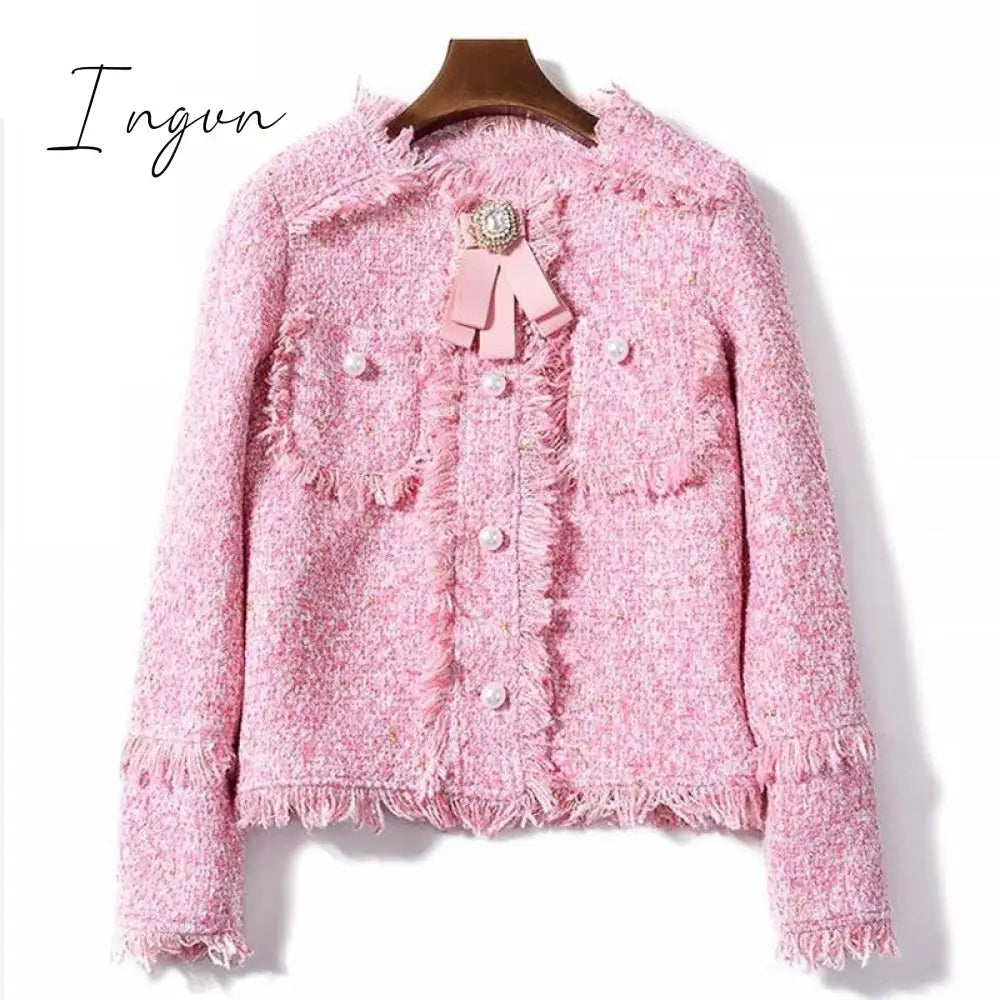 Ingvn - Trends 2023 high quality Brand Dress Sweet Diamonds Bead Pink Dress Robe Hiver Autumn Tweed Woolen Women Dress vestidos Robe Femme Jurken 2698