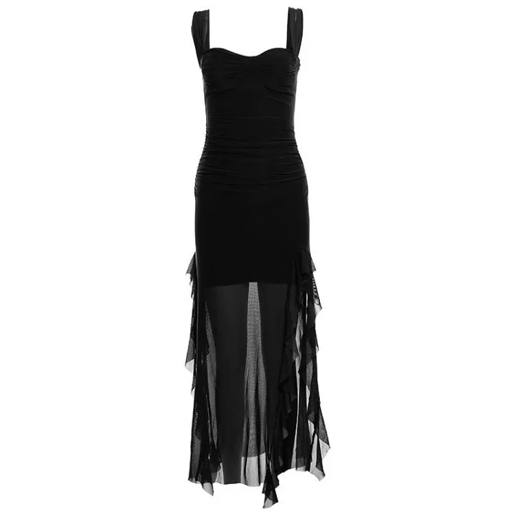 Fashion Sexy Mesh Long Sleeved Dress for Women Y2k Grunge Slim Fit Split Dresses Summer New Mid-length Vestidos Mujer