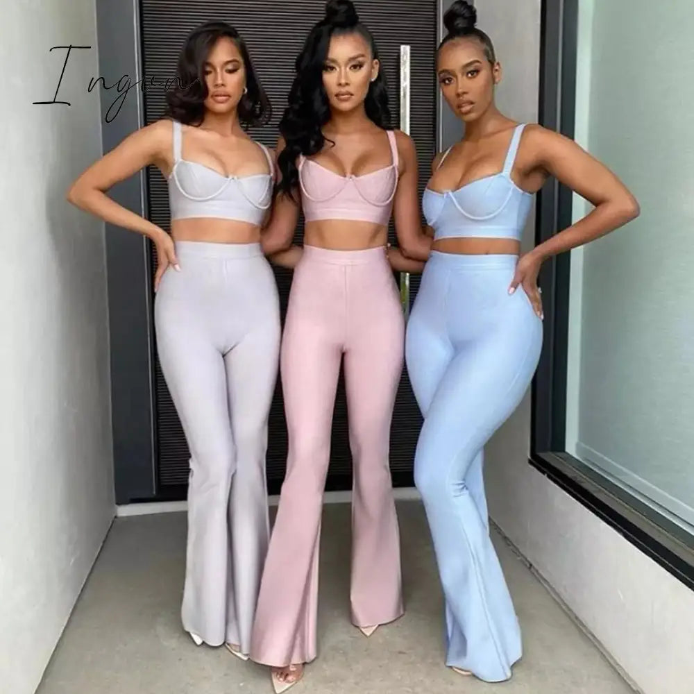 Ingvn - Set 2 Pieces Strap Sleeveless Bustiers And Long Bell-Bottoms Trousers Sexy Celebrity Party Sheath Vestidos  Dobanmbd
