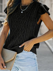Solid Crew Neck Knit Sweater, Casual Ruffle Sleeve Sweater For For Spring & Fall, Women's Clothing