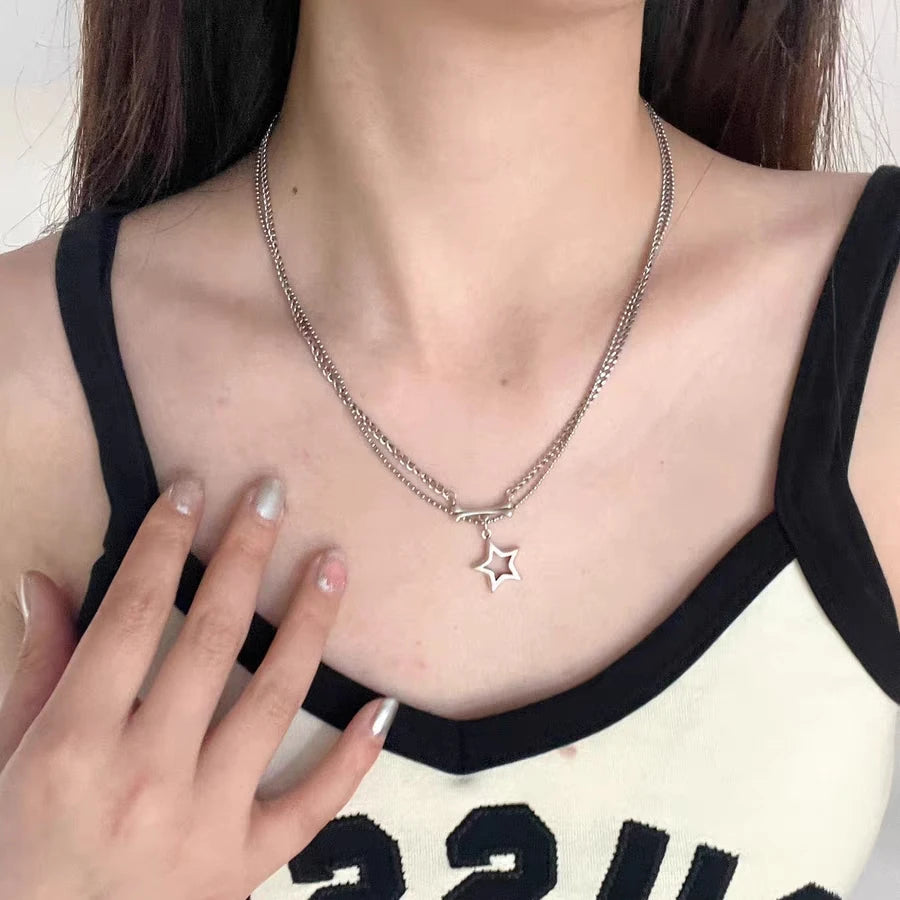 INGVN  Kpop Goth Silver Color Star Pendant Chain Necklace For Women Men Egirl Y2K Cool EMO Punk Aesthetic Grunge Jewelry Gifts