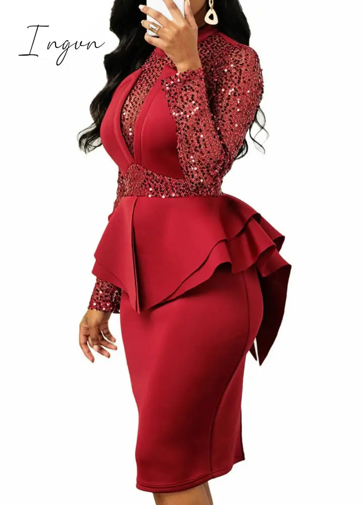 Ingvn - New arrival spring sexy lady 3 colors mid dress zipper fly ruffles bud dress full sleeve slivers office lady new dress