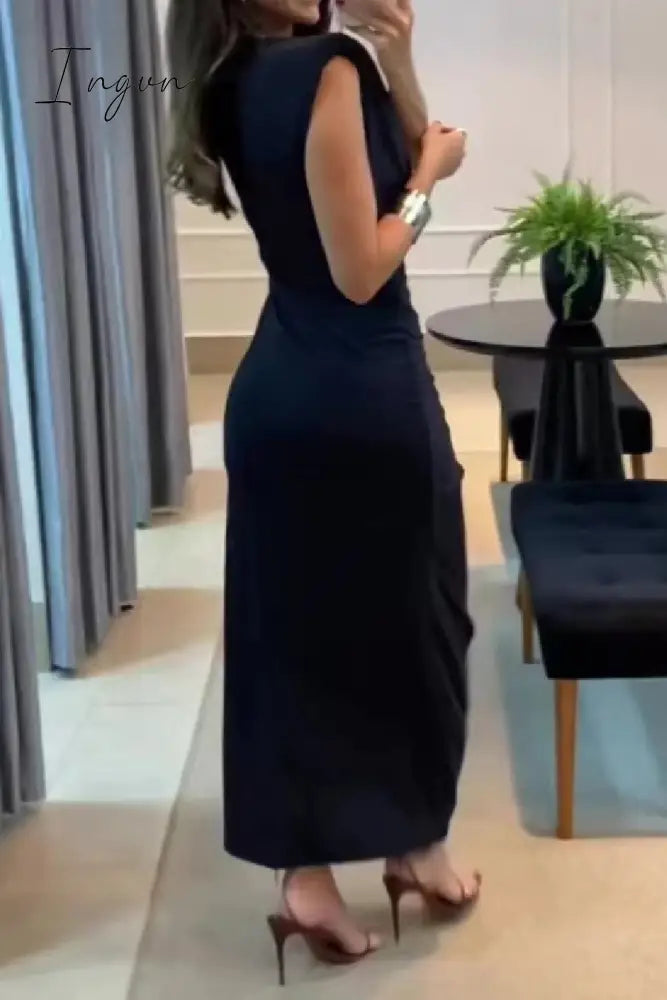 Ingvn - Casual Solid Slit V Neck Long Dress Dresses
